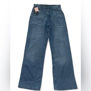 NWT PrettyLittleThing Petite Mid Wash Extreme Wide Leg Jeans | US 4P